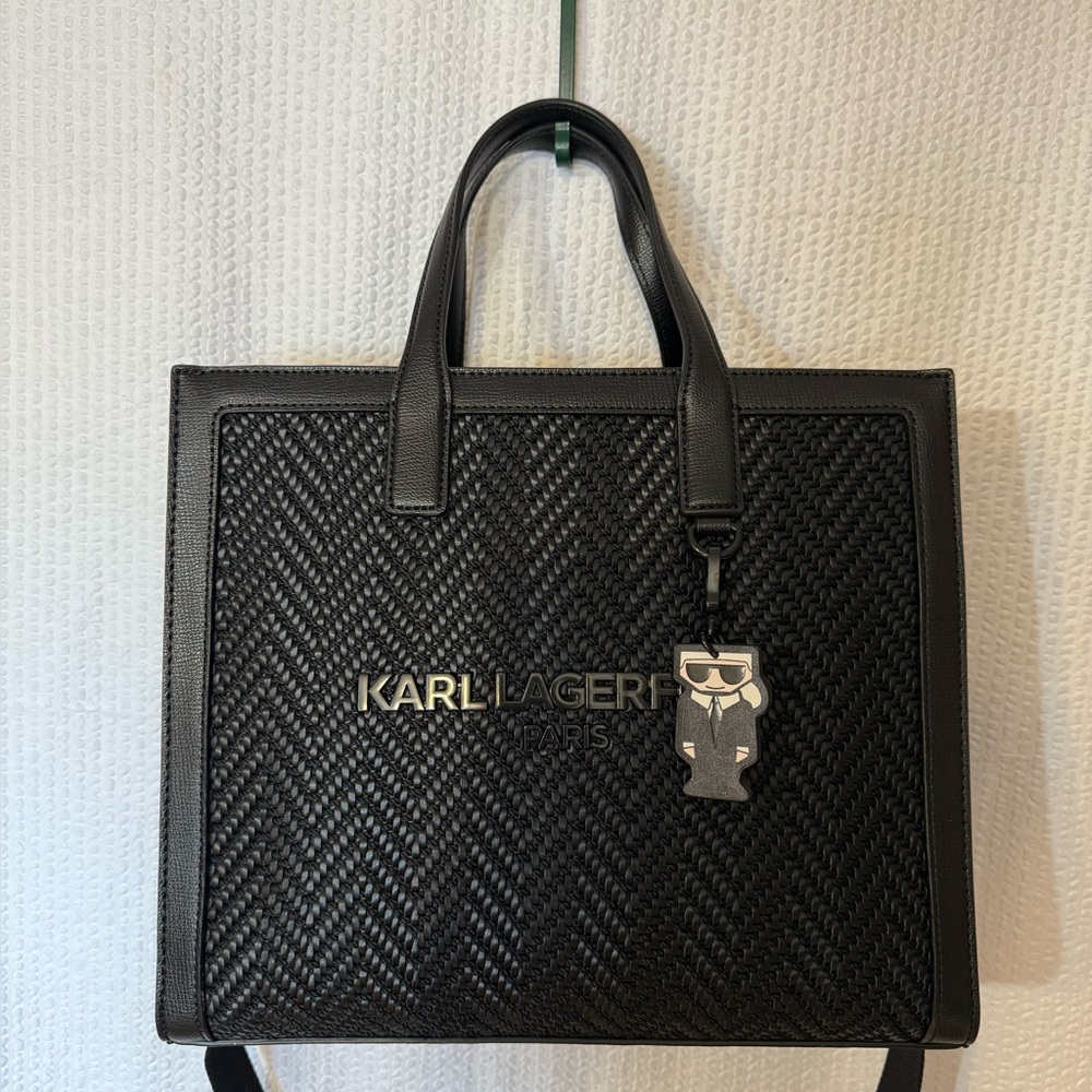 Karl Lagerfeld Black Leather Woven Tote Bag